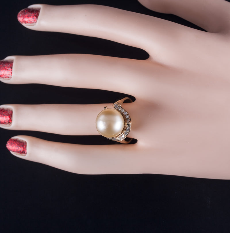 14k Yellow Gold Cultured Pearl Solitaire Ring W/ Diamond Accents .30ctw 9.15g