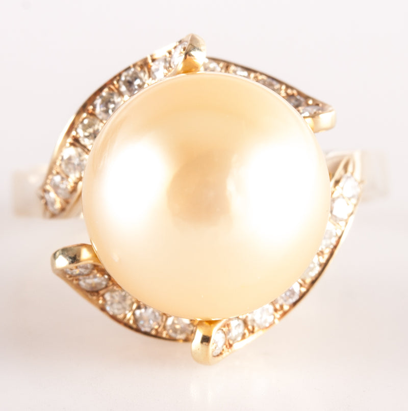 14k Yellow Gold Cultured Pearl Solitaire Ring W/ Diamond Accents .30ctw 9.15g