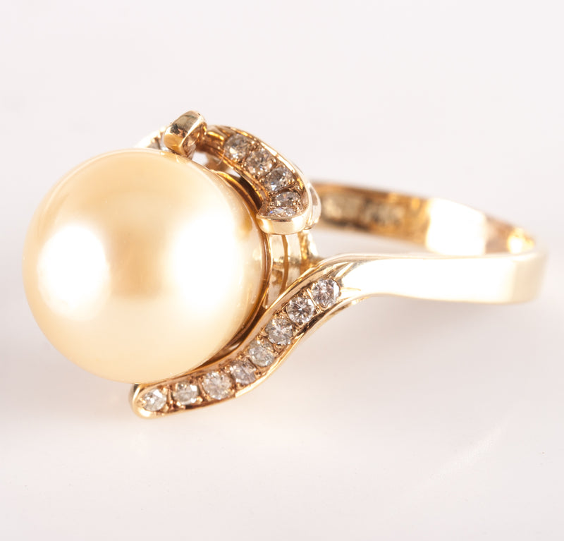 14k Yellow Gold Cultured Pearl Solitaire Ring W/ Diamond Accents .30ctw 9.15g