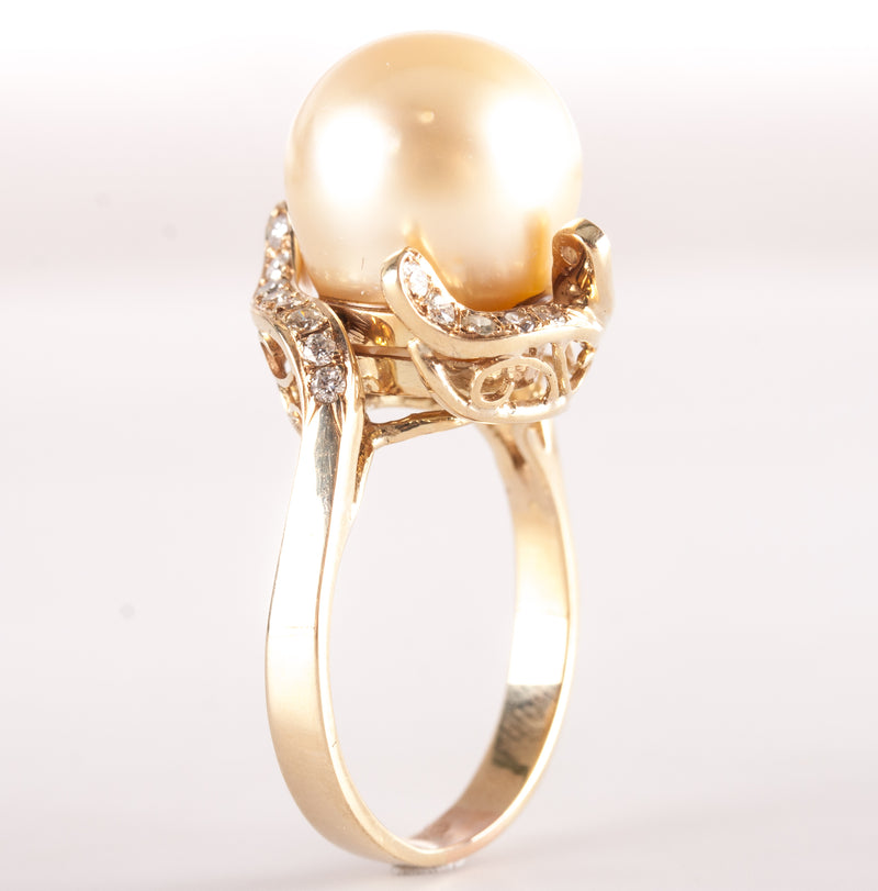 14k Yellow Gold Cultured Pearl Solitaire Ring W/ Diamond Accents .30ctw 9.15g