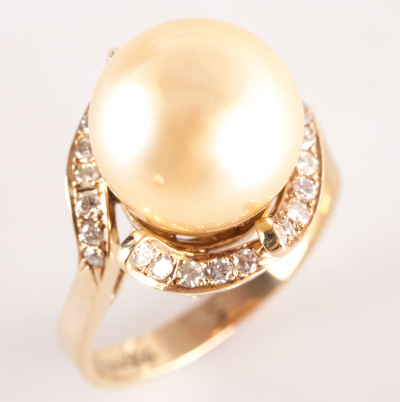 14k Yellow Gold Cultured Pearl Solitaire Ring W/ Diamond Accents .30ctw 9.15g