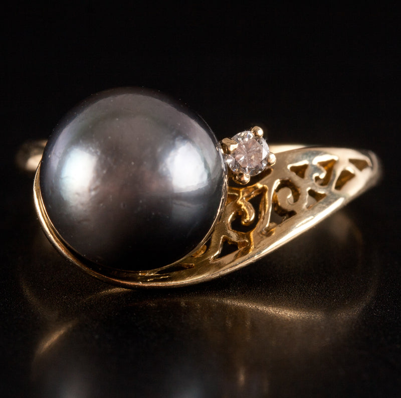 18k Yellow Gold Round Bead Tahitian Pearl Ring W/ Diamond Accent .03ct 3.42g