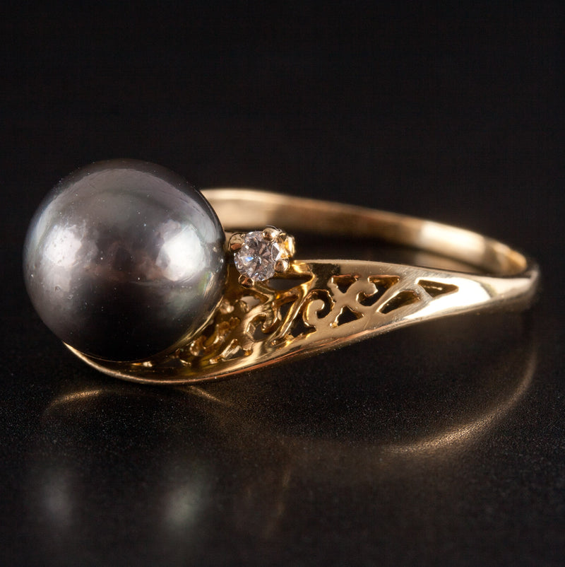 18k Yellow Gold Round Bead Tahitian Pearl Ring W/ Diamond Accent .03ct 3.42g