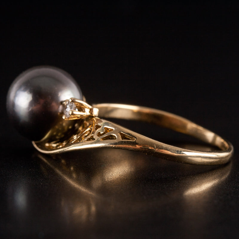18k Yellow Gold Round Bead Tahitian Pearl Ring W/ Diamond Accent .03ct 3.42g