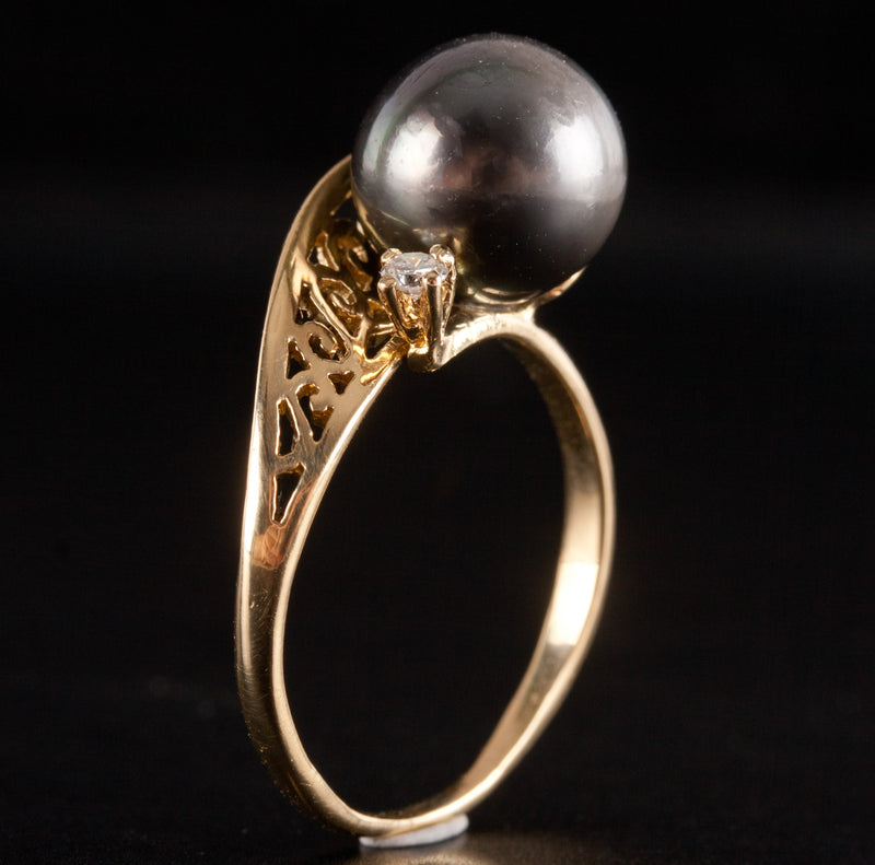 18k Yellow Gold Round Bead Tahitian Pearl Ring W/ Diamond Accent .03ct 3.42g