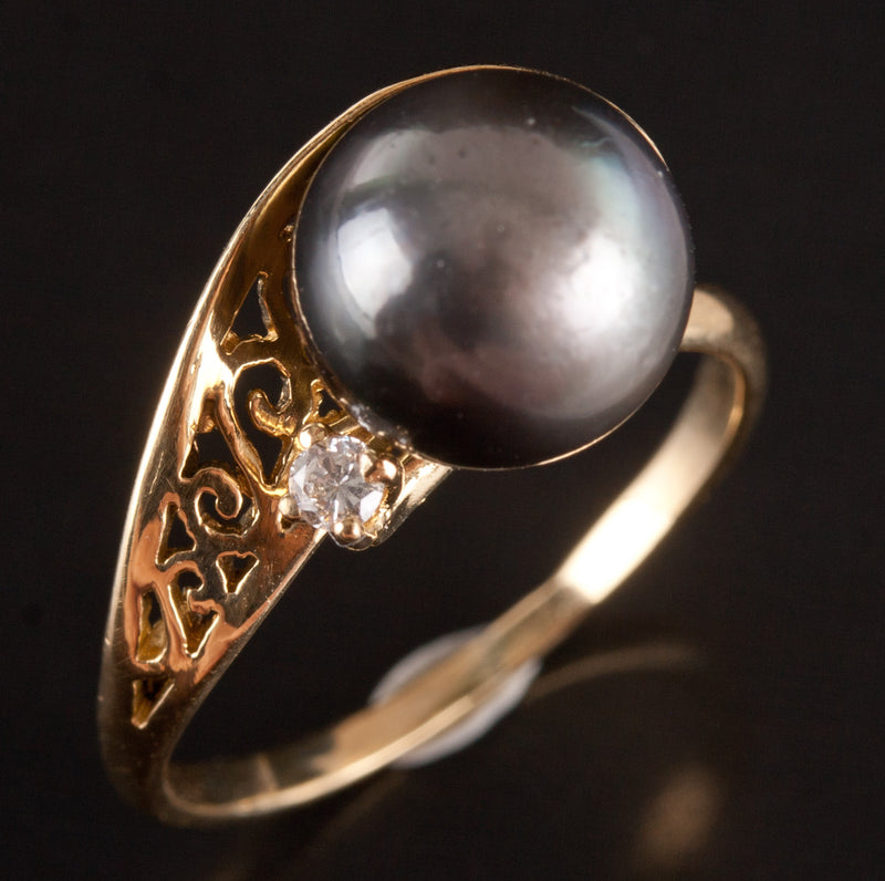 18k Yellow Gold Round Bead Tahitian Pearl Ring W/ Diamond Accent .03ct 3.42g