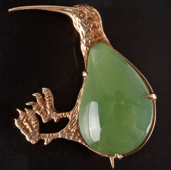 Vintage 1920s 9k Yellow Gold Jade Kiwi Style Pin Brooch 3.7g