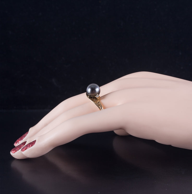 18k Yellow Gold Round Bead Tahitian Pearl Ring W/ Diamond Accent .03ct 3.42g