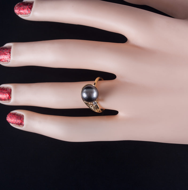 18k Yellow Gold Round Bead Tahitian Pearl Ring W/ Diamond Accent .03ct 3.42g