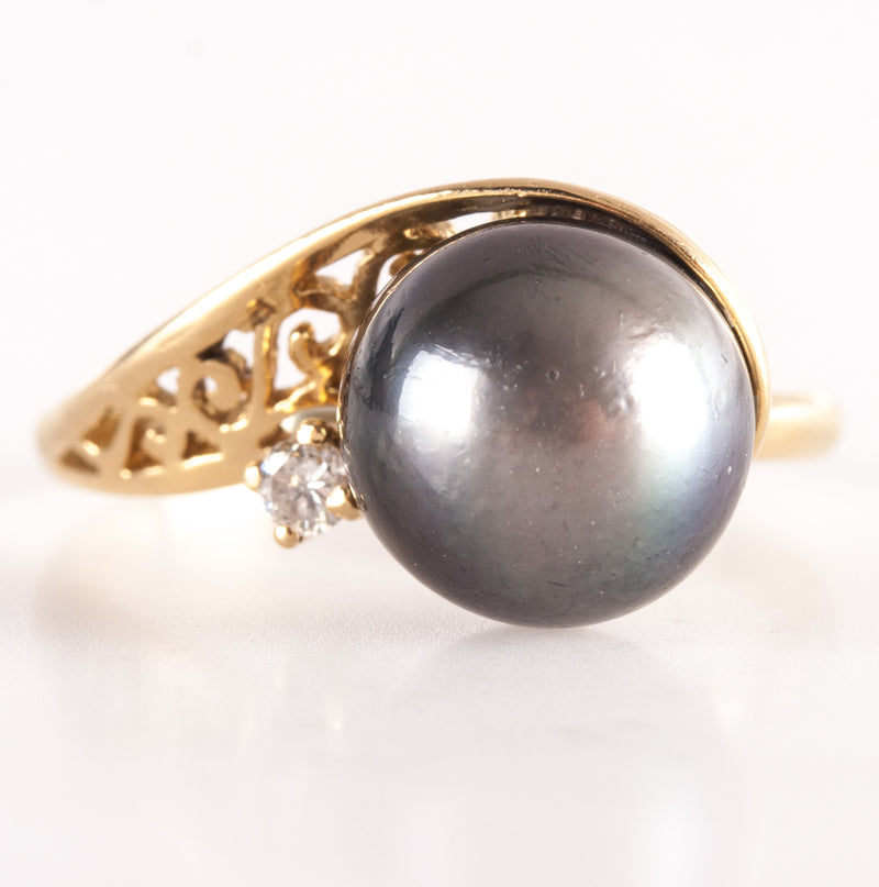18k Yellow Gold Round Bead Tahitian Pearl Ring W/ Diamond Accent .03ct 3.42g