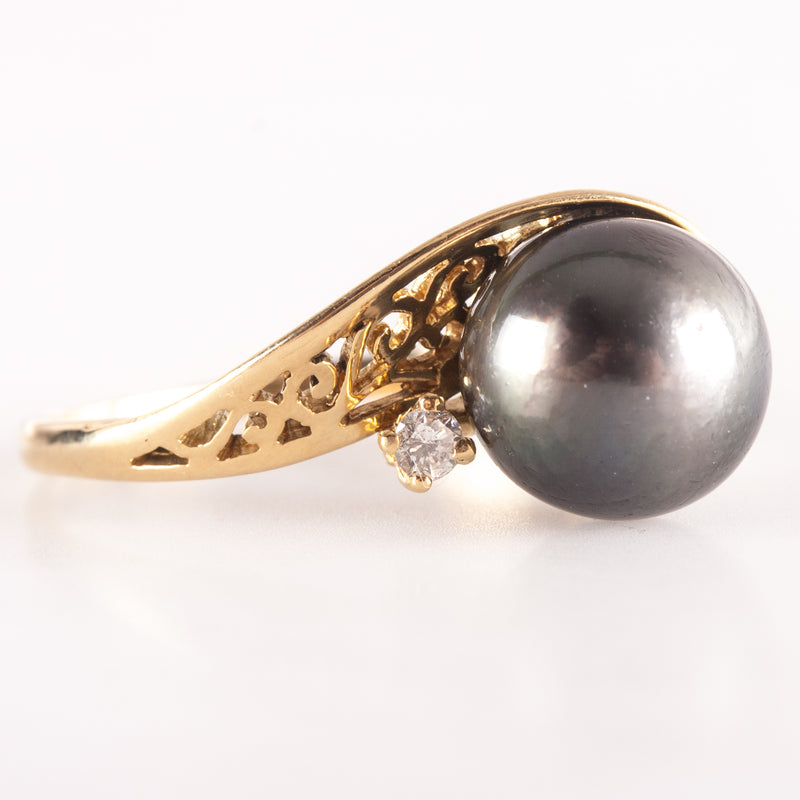 18k Yellow Gold Round Bead Tahitian Pearl Ring W/ Diamond Accent .03ct 3.42g