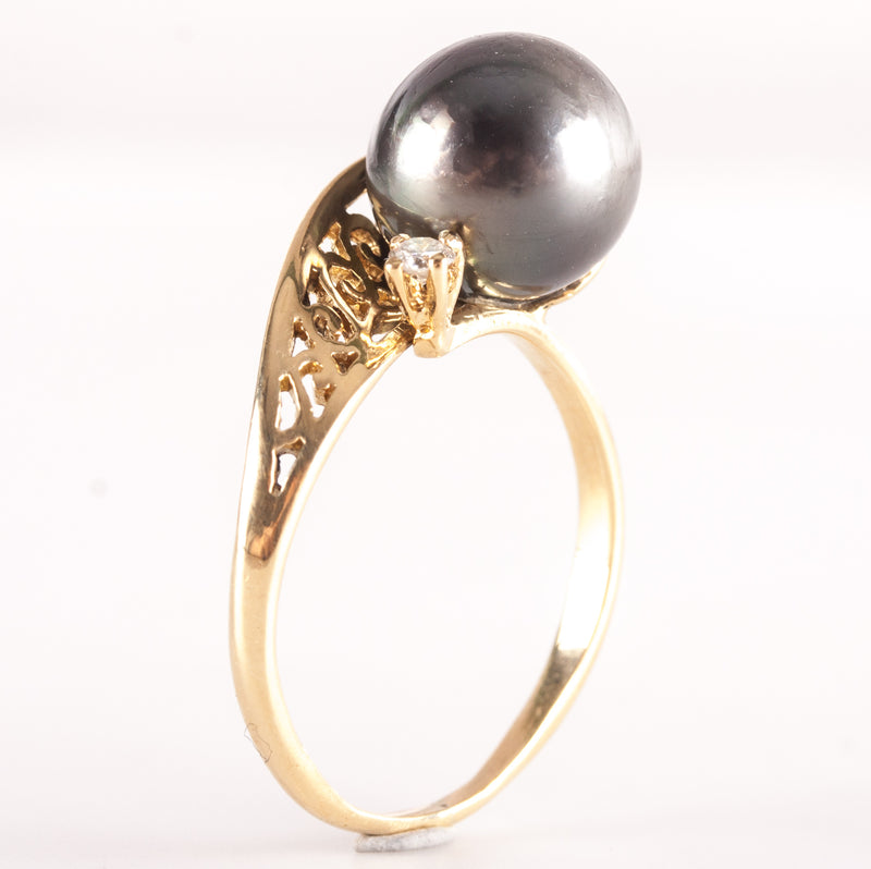 18k Yellow Gold Round Bead Tahitian Pearl Ring W/ Diamond Accent .03ct 3.42g