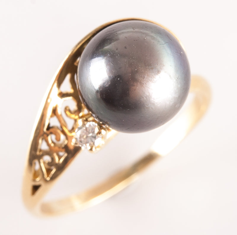 18k Yellow Gold Round Bead Tahitian Pearl Ring W/ Diamond Accent .03ct 3.42g