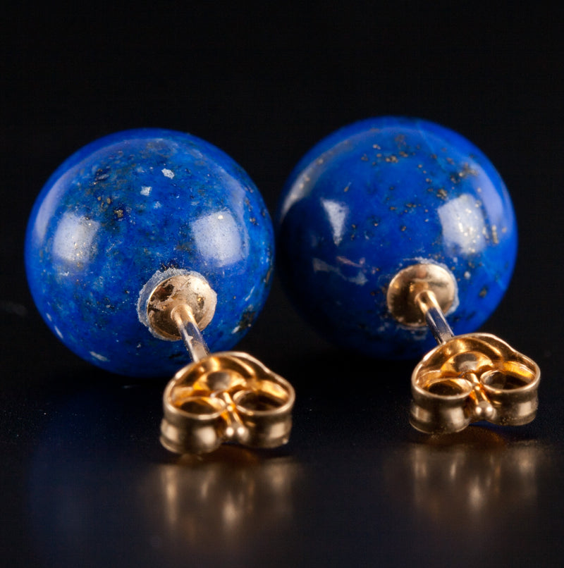 18k Yellow Gold Round Bead Lapis Lazuli Solitaire Stud Earrings 3.69g