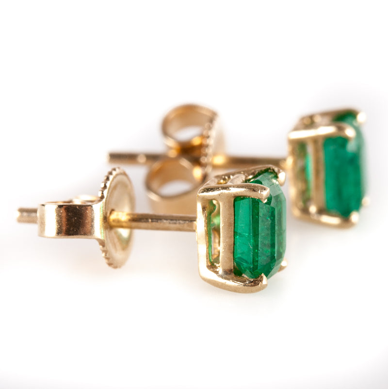 14k Yellow Gold Emerald Shaped Emerald Solitaire Stud Earrings .48ctw 1.10g