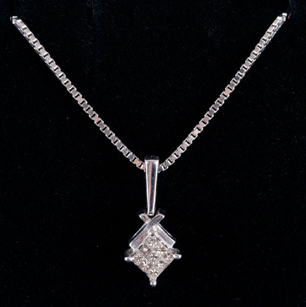 10k White Gold Princess Diamond Invisible Set Cluster Necklace .117ctw 3.9g
