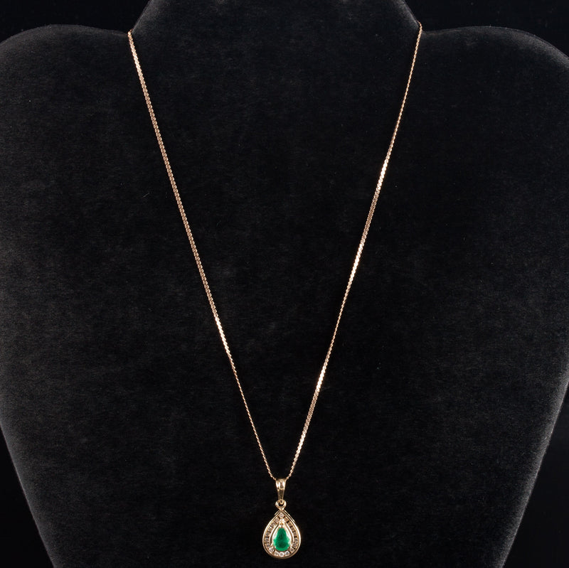 14k Yellow Gold Pear Emerald Diamond Halo Style Necklace W/ 13.75" Chain .77ctw
