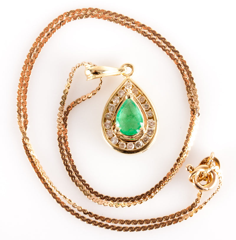 14k Yellow Gold Pear Emerald Diamond Halo Style Necklace W/ 13.75" Chain .77ctw