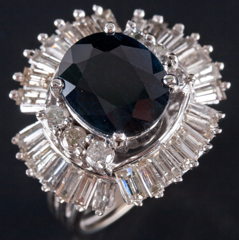14k White Gold Oval Sapphire Diamond Halo Cocktail Style Ring 9.51ctw 11.5g