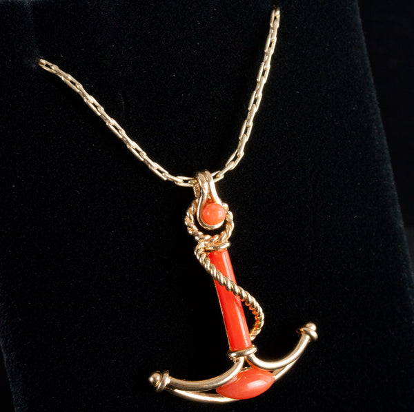 14k Yellow Gold Natural Orange Coral Anchor Shaped Necklace W/ 16" Chain