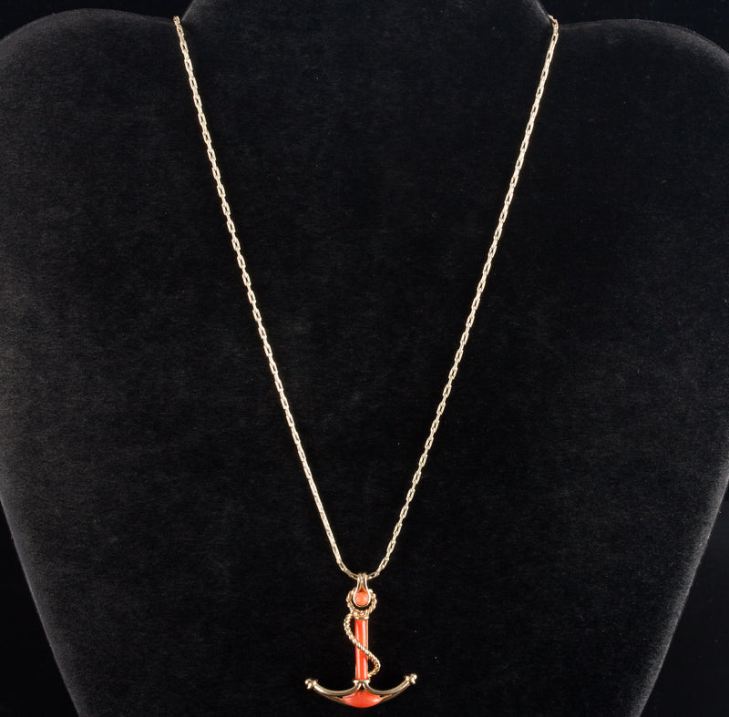 14k Yellow Gold Natural Orange Coral Anchor Shaped Necklace W/ 16" Chain