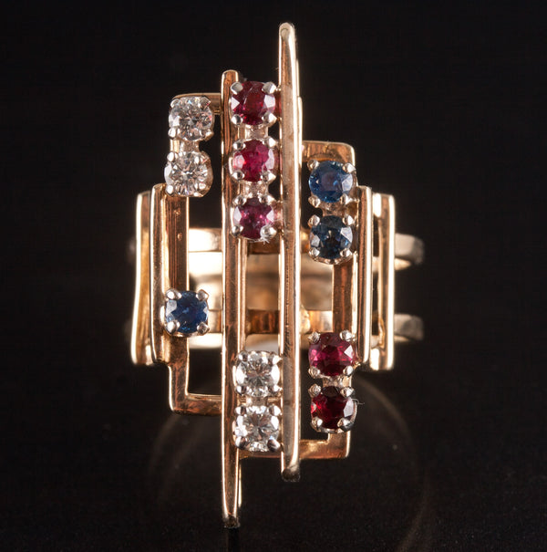 14k Yellow Gold Round Diamond Sapphire Garnet Abstract Style Ring .87ctw 9.65g