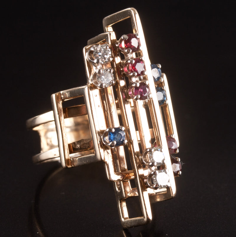 14k Yellow Gold Round Diamond Sapphire Garnet Abstract Style Ring .87ctw 9.65g