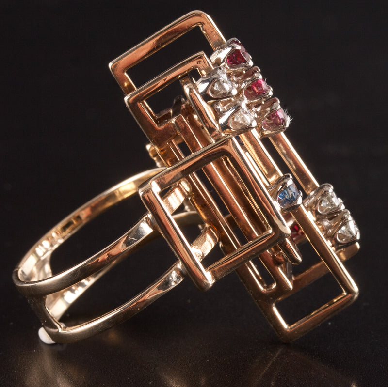 14k Yellow Gold Round Diamond Sapphire Garnet Abstract Style Ring .87ctw 9.65g