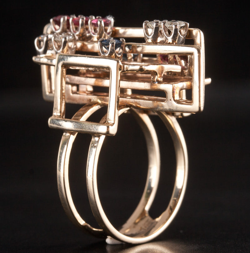 14k Yellow Gold Round Diamond Sapphire Garnet Abstract Style Ring .87ctw 9.65g