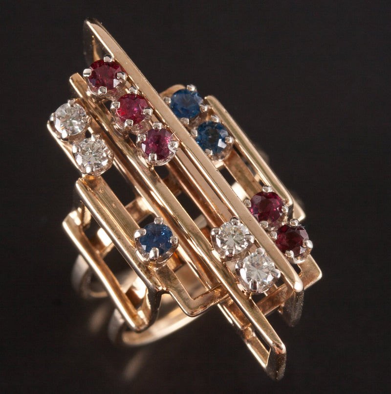14k Yellow Gold Round Diamond Sapphire Garnet Abstract Style Ring .87ctw 9.65g