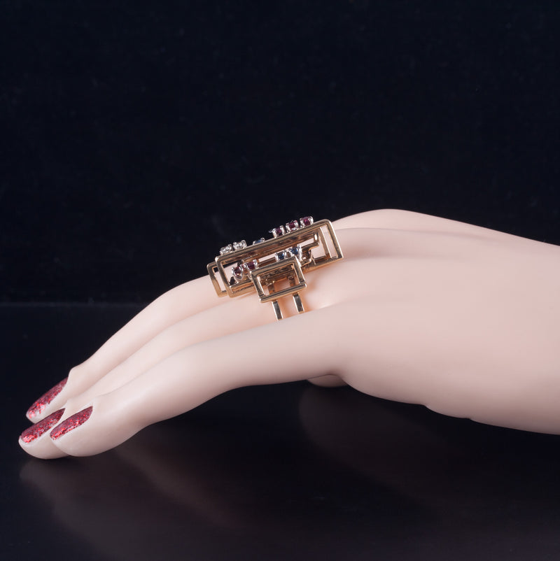 14k Yellow Gold Round Diamond Sapphire Garnet Abstract Style Ring .87ctw 9.65g