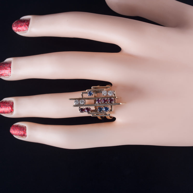 14k Yellow Gold Round Diamond Sapphire Garnet Abstract Style Ring .87ctw 9.65g