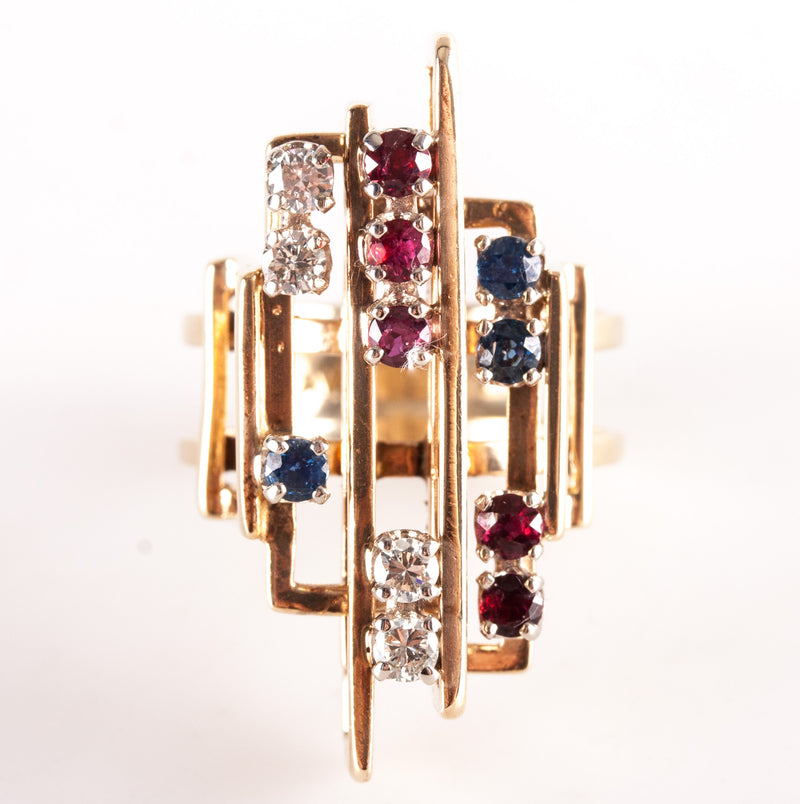 14k Yellow Gold Round Diamond Sapphire Garnet Abstract Style Ring .87ctw 9.65g