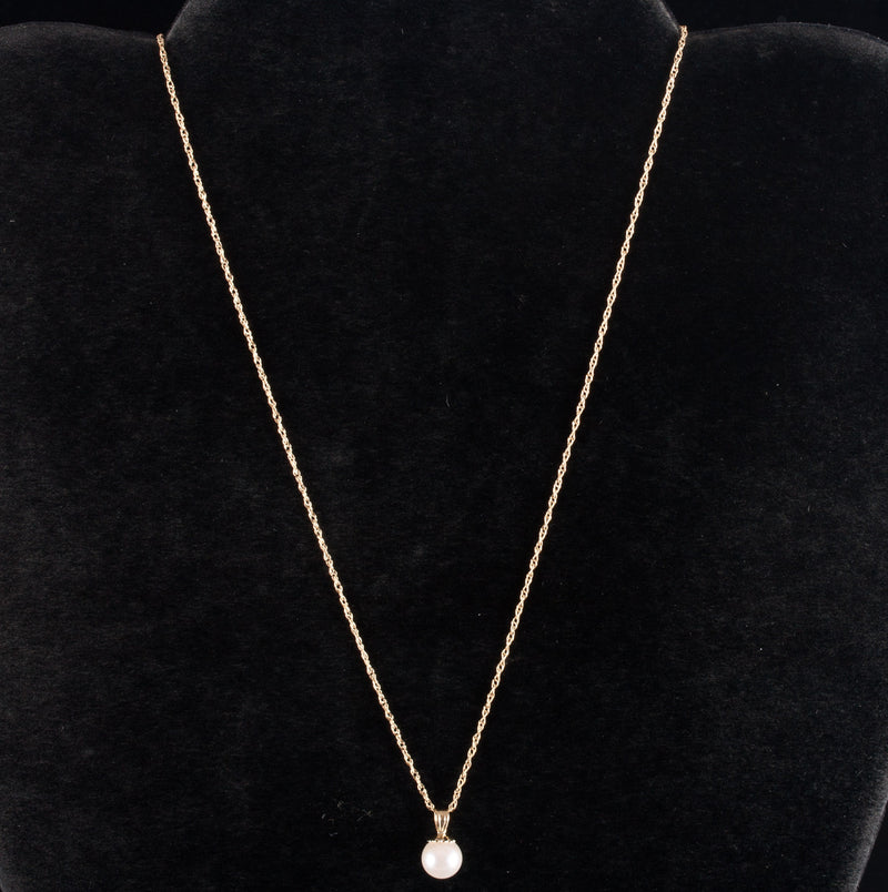 14k Yellow Gold Cultured Round Bead Pearl Solitaire Pendant W/ 16" Chain 1.3g