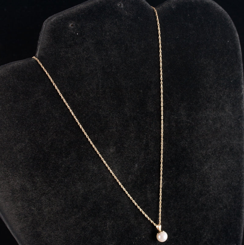 14k Yellow Gold Cultured Round Bead Pearl Solitaire Pendant W/ 16" Chain 1.3g