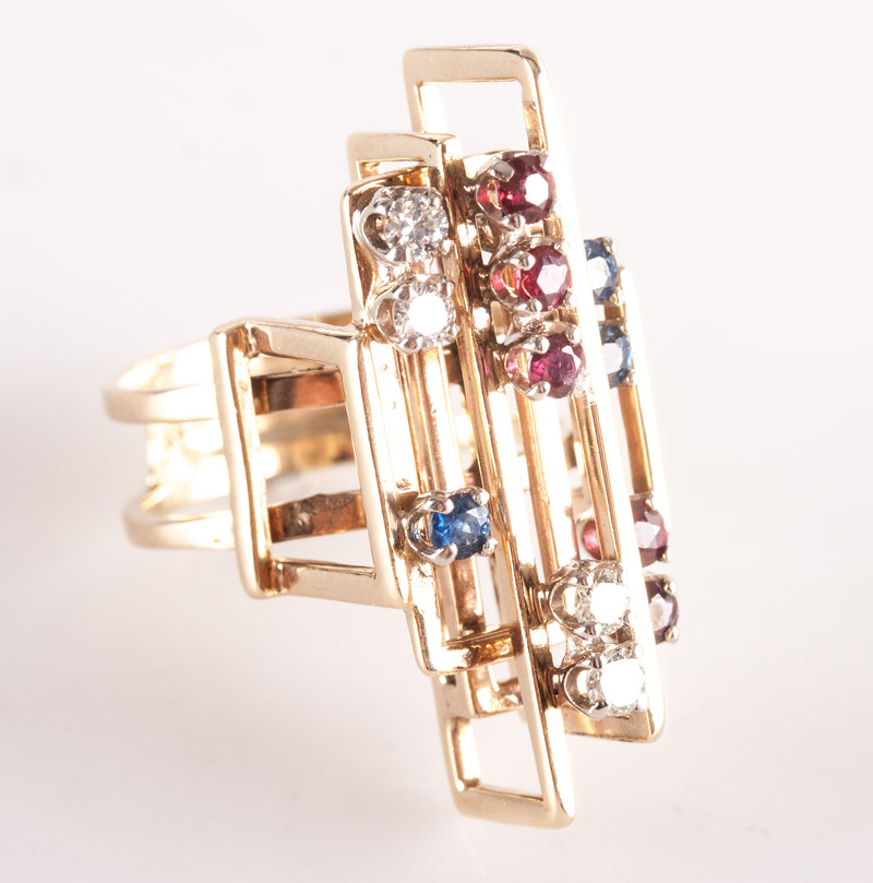 14k Yellow Gold Round Diamond Sapphire Garnet Abstract Style Ring .87ctw 9.65g