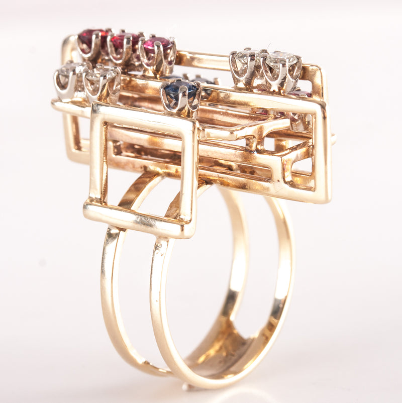 14k Yellow Gold Round Diamond Sapphire Garnet Abstract Style Ring .87ctw 9.65g