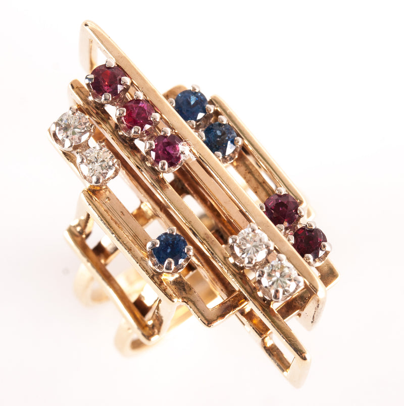 14k Yellow Gold Round Diamond Sapphire Garnet Abstract Style Ring .87ctw 9.65g