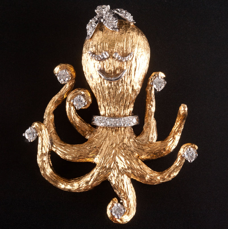 18k Yellow Gold Platinum Round Diamond Octopus Style Brooch Pin .66ctw 18.1g