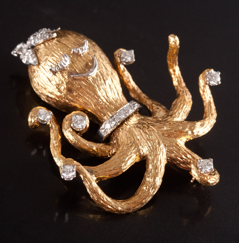 18k Yellow Gold Platinum Round Diamond Octopus Style Brooch Pin .66ctw 18.1g