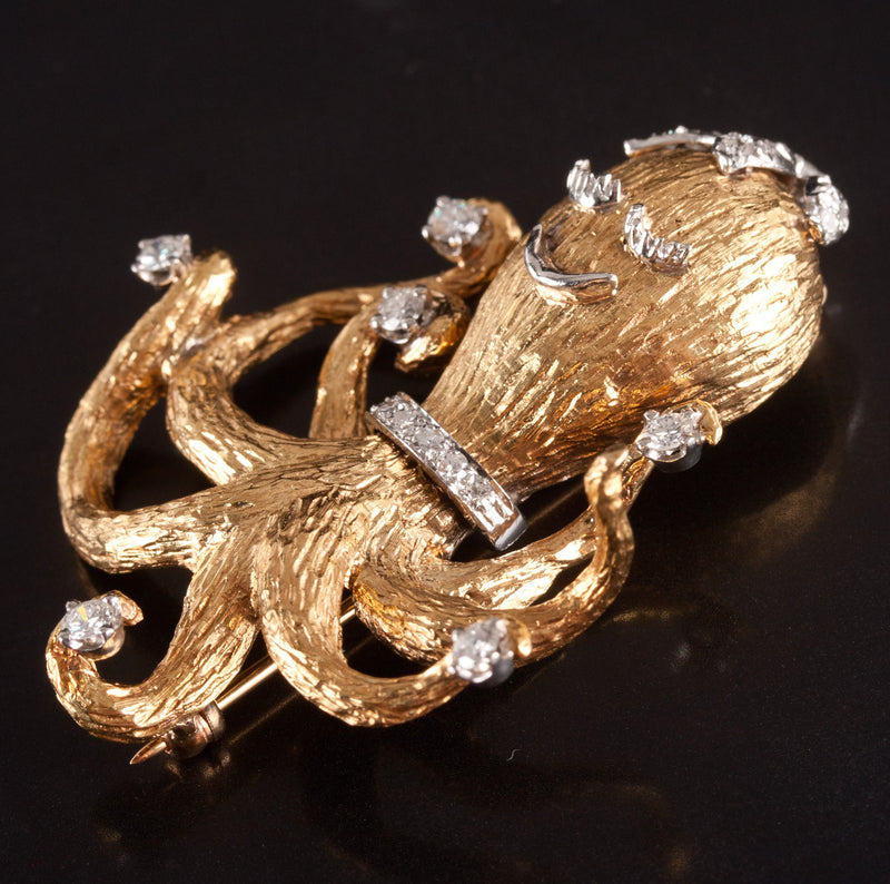 18k Yellow Gold Platinum Round Diamond Octopus Style Brooch Pin .66ctw 18.1g