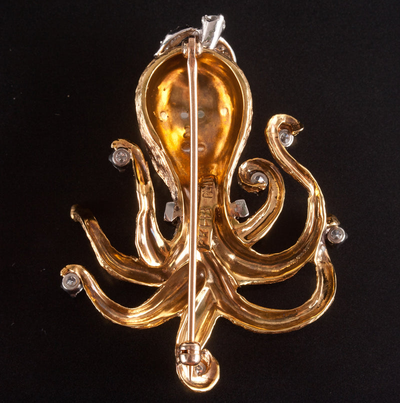 18k Yellow Gold Platinum Round Diamond Octopus Style Brooch Pin .66ctw 18.1g