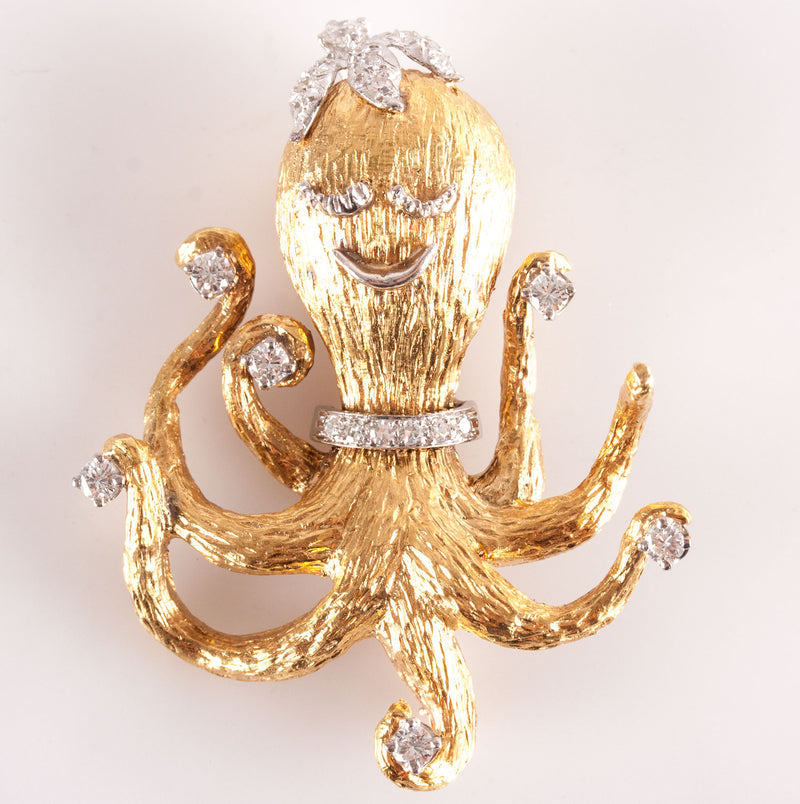 18k Yellow Gold Platinum Round Diamond Octopus Style Brooch Pin .66ctw 18.1g