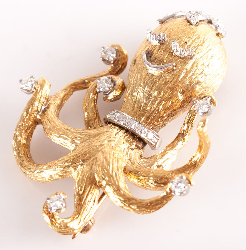 18k Yellow Gold Platinum Round Diamond Octopus Style Brooch Pin .66ctw 18.1g