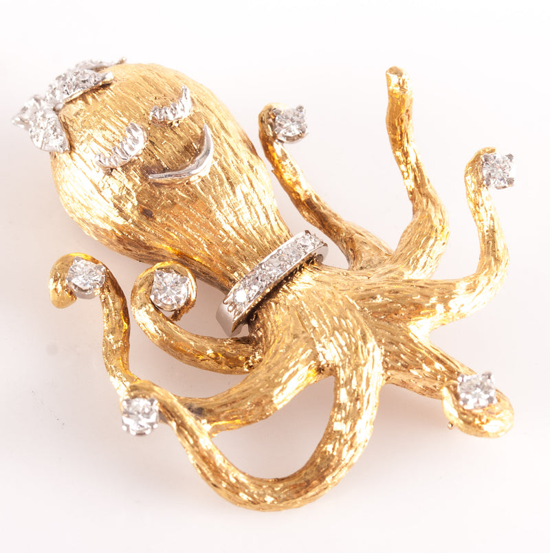18k Yellow Gold Platinum Round Diamond Octopus Style Brooch Pin .66ctw 18.1g