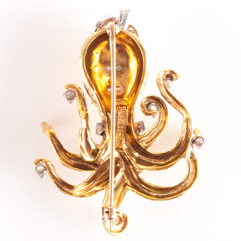 18k Yellow Gold Platinum Round Diamond Octopus Style Brooch Pin .66ctw 18.1g