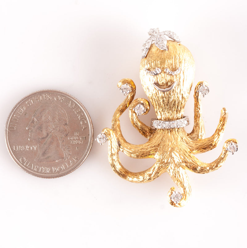 18k Yellow Gold Platinum Round Diamond Octopus Style Brooch Pin .66ctw 18.1g