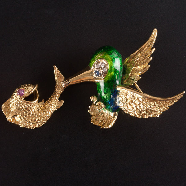 18k Yellow Gold Round Diamond Ruby Sapphire Bird Fish Brooch Pin .115ctw 12.8g