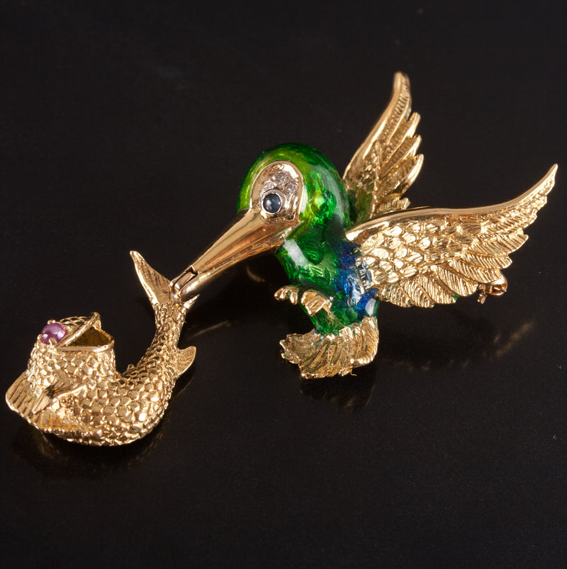 18k Yellow Gold Round Diamond Ruby Sapphire Bird Fish Brooch Pin .115ctw 12.8g