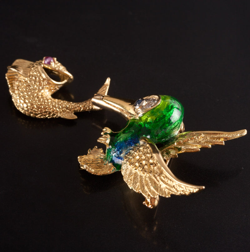 18k Yellow Gold Round Diamond Ruby Sapphire Bird Fish Brooch Pin .115ctw 12.8g